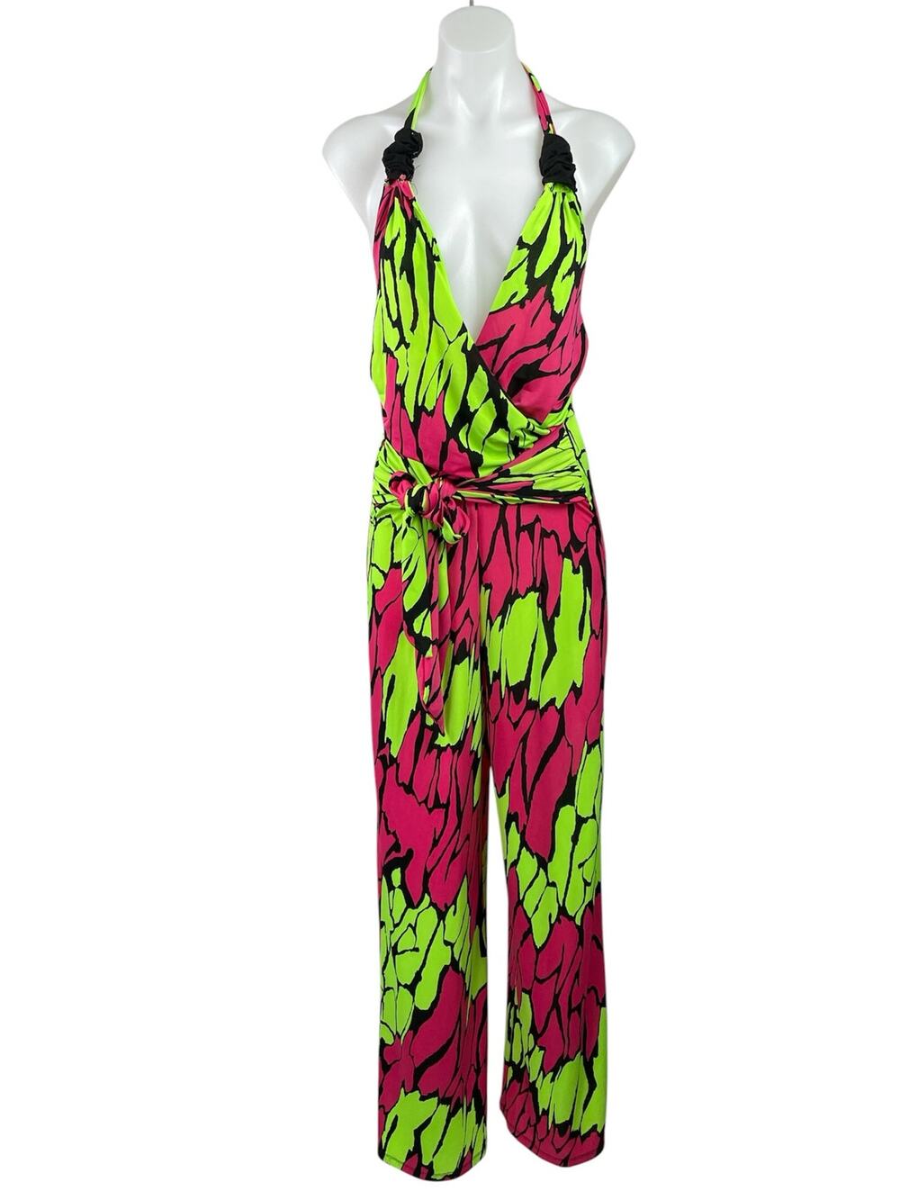 Touch Me Green Pink Retro Abstract Halter Plunge Sleeveless Wide Leg Jumpsuit L